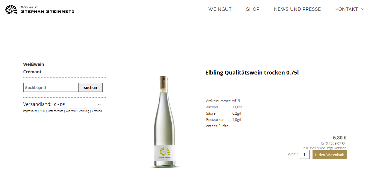 Screenshot vom Shop Steinmetz